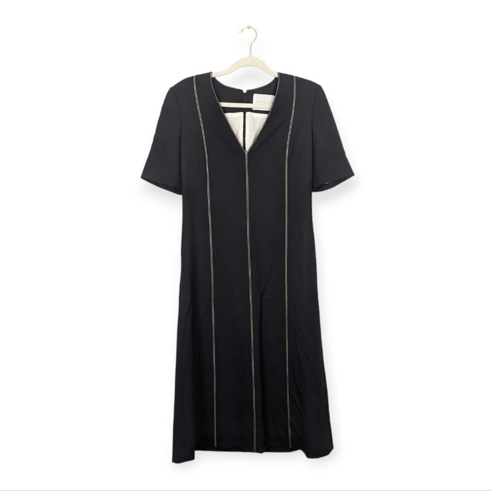 Maria McManus Midi Dress 6 Black V Neck Topstitch Minimalist Designer Luxury